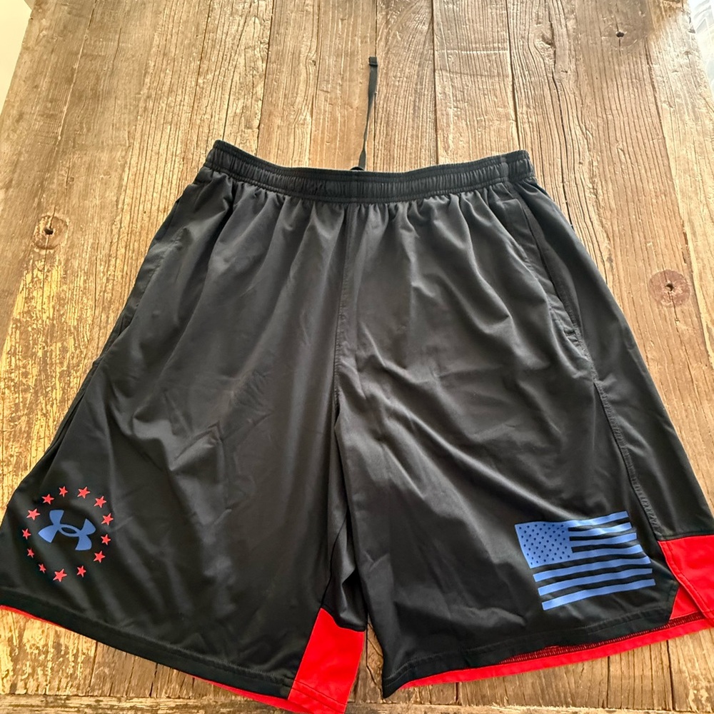 Under Armour Men's Black Shorts with Red and Blue Accents